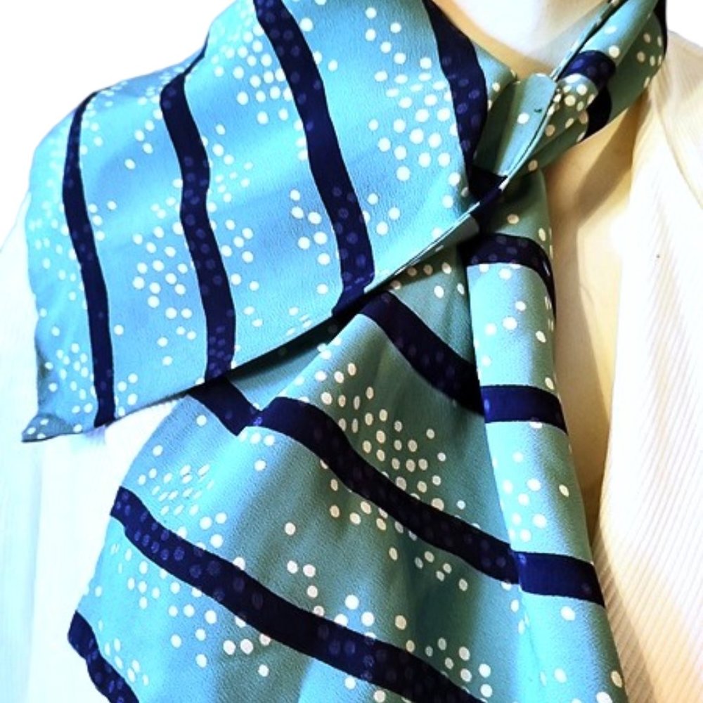 1930s True Vintage Aqua Green And Blue Striped Rayon Deco Ascot Long Scarf - Picture 6 of 9